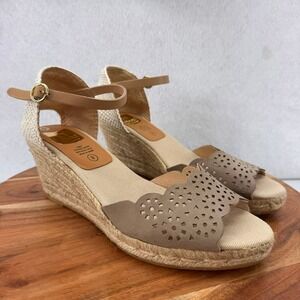 Kanna Espadrille Wedge Sandals Ankle Strap‎ Scalloped Tan Beige Size 9 Chic